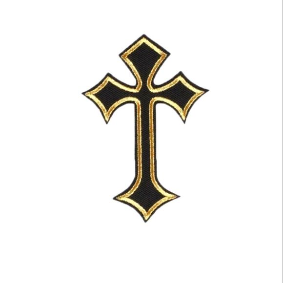 Celtic black and gold trim iron on cross patch goth metal - Picture 1 of 5
